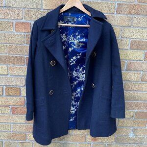 Vintage 1998 Flippa K Floral Print Pea Coat Small Navy Blue